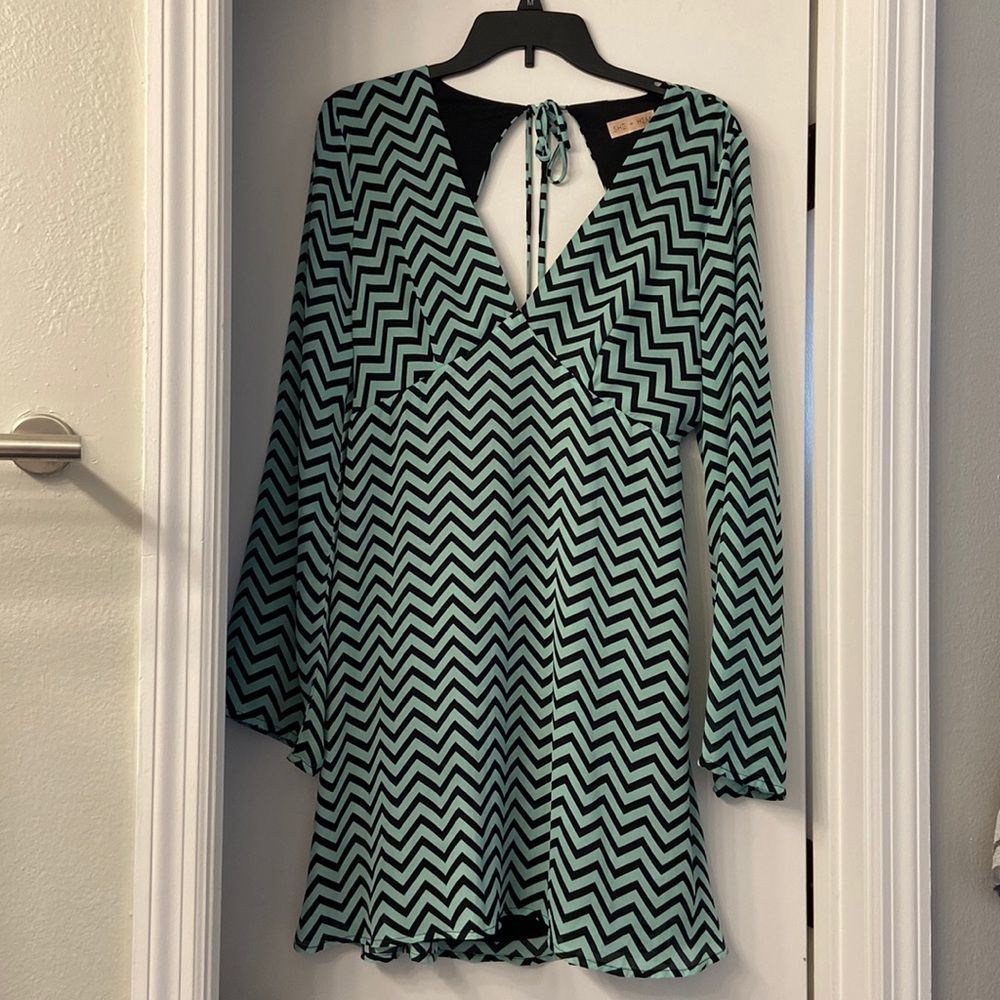She + Hem Green and Black Chevron open back long sleeve sexy dress